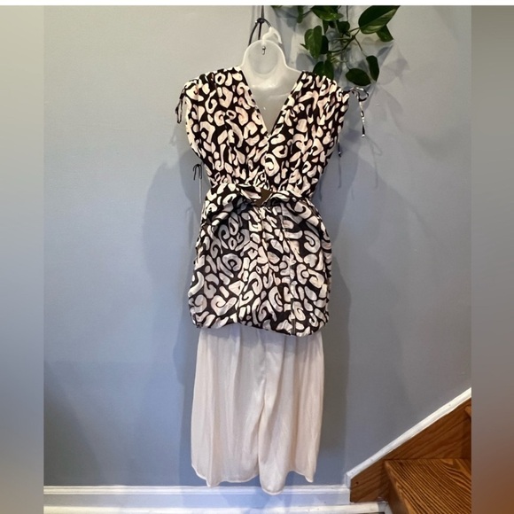 SINCERELY JULES Black and Cream Fit and Flare Midi Dress with Tie Front/size S - Picture 10 of 13